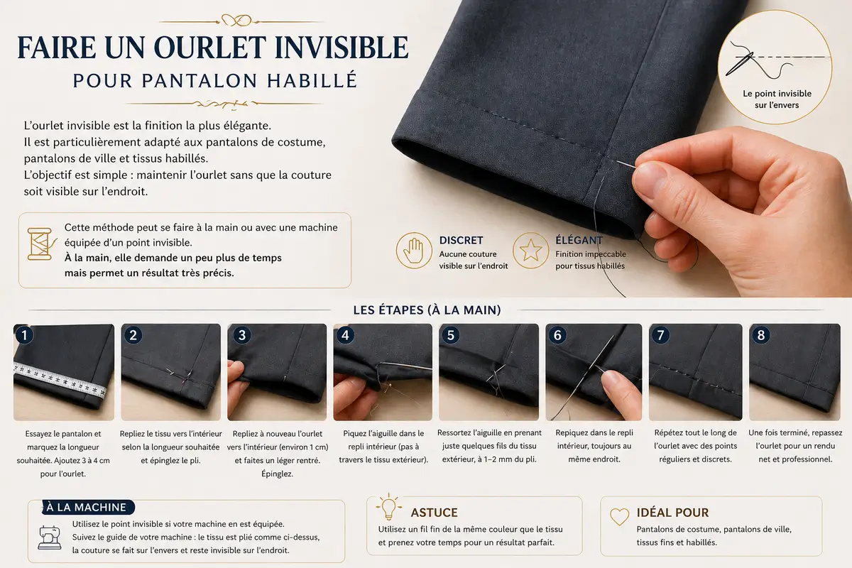faire un ourlet invisible sur pantalon habillé avec couture discrète à la main