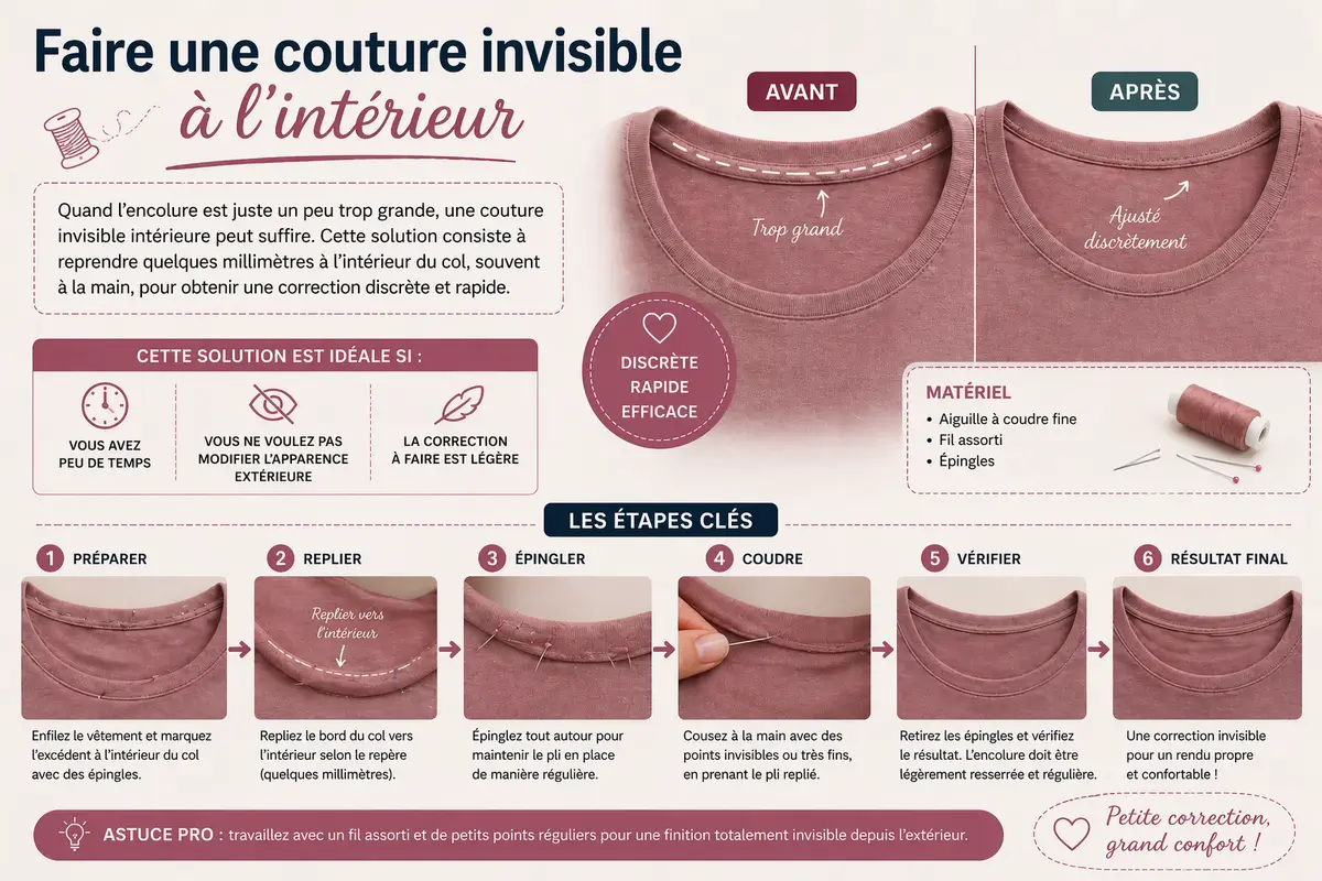 Comment rétrécir une encolure trop grande : 5 solutions faciles et discrètes 7 Infographie couture expliquant comment faire une couture invisible à l’intérieur du col pour corriger légèrement une encolure trop grande sans modifier l’extérieur du vêtement