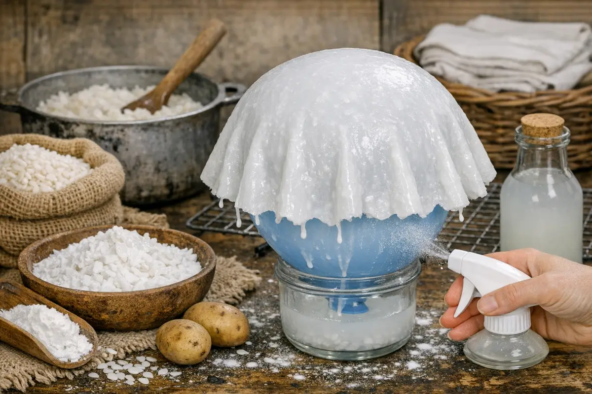 Tissu blanc rigide séchant sur un moule ballon après trempage dans une préparation épaisse de fécule de pomme de terre cuite.