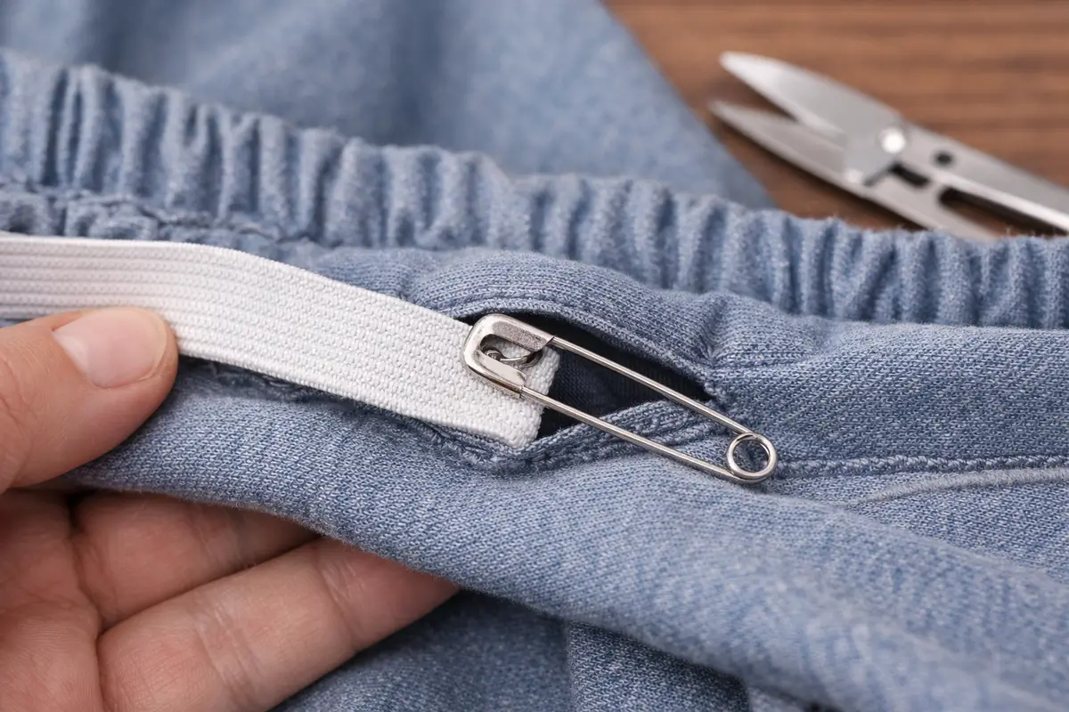 Passage d’un nouvel élastique dans une ceinture à l’aide d’une épingle de sûreté