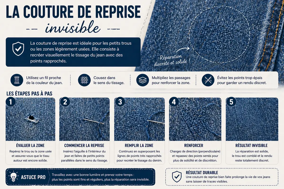 Technique de couture de reprise invisible sur jean montrant comment recréer le tissage avec des points serrés pour réparer un trou discrètement