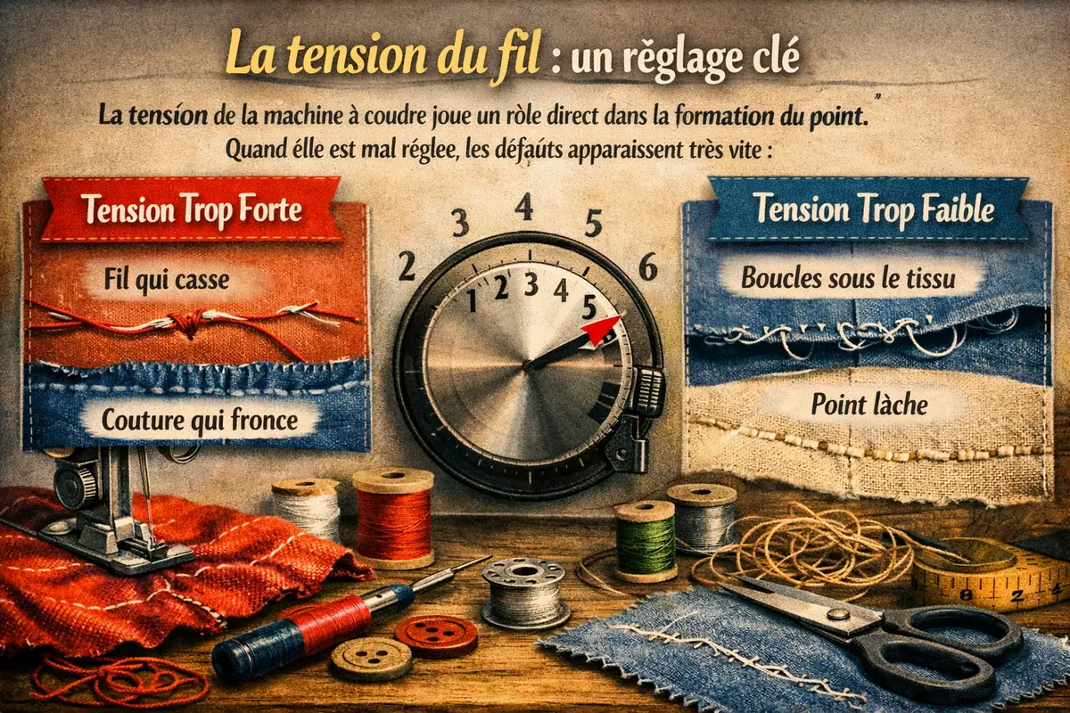 Réglage de tension de machine à coudre avec exemple tension trop forte et tension trop faible sur tissu