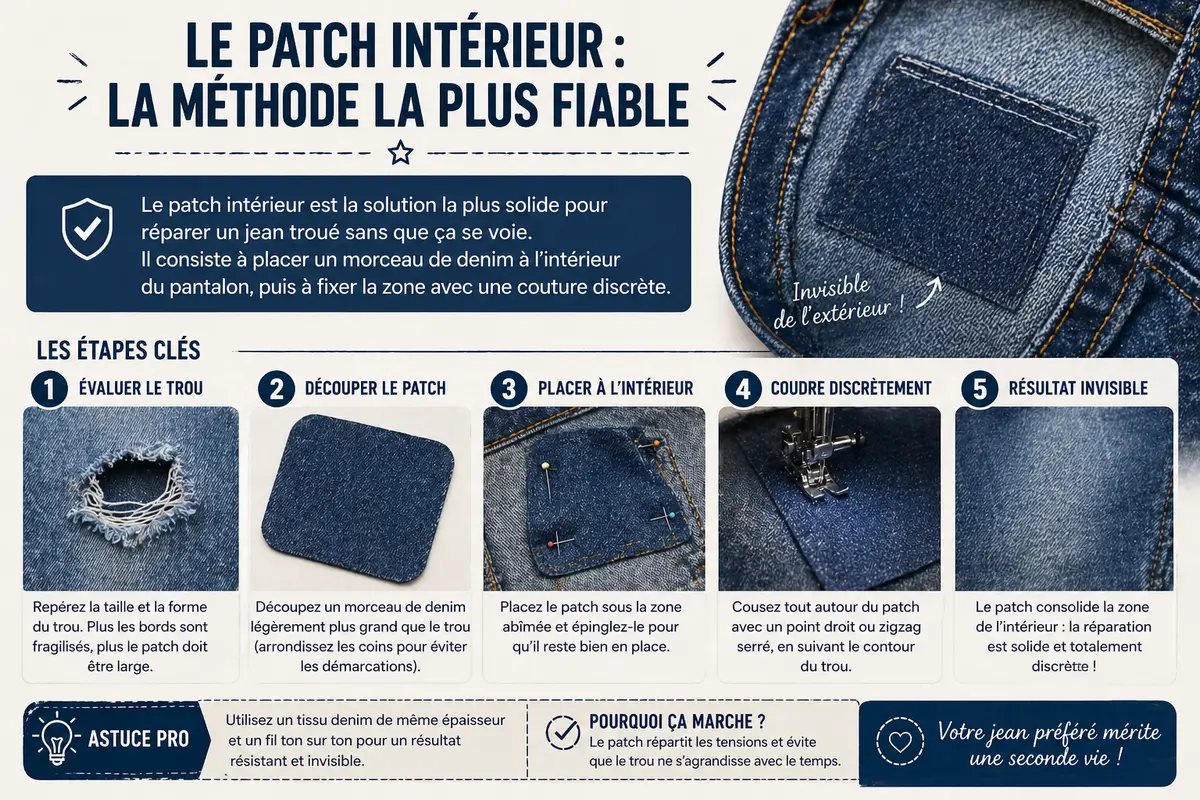 Réparation d’un jean troué avec un patch intérieur en denim fixé discrètement pour renforcer la zone abîmée