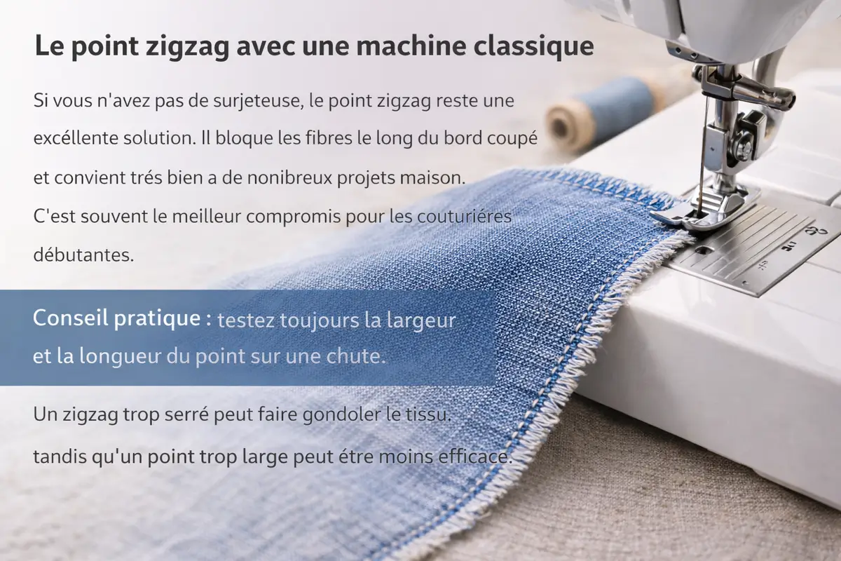 Comment éviter qu’un tissu qui s’effiloche gâche vos créations couture ? 4 point zigzag sur bord de tissu avec machine à coudre classique pour éviter l effilochage