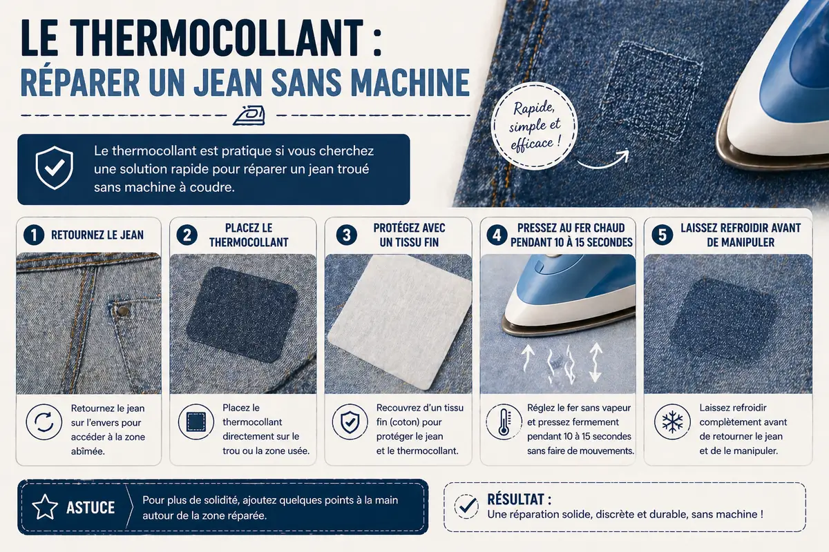 Réparation d’un jean troué avec un patch thermocollant appliqué au fer chaud sans machine à coudre
