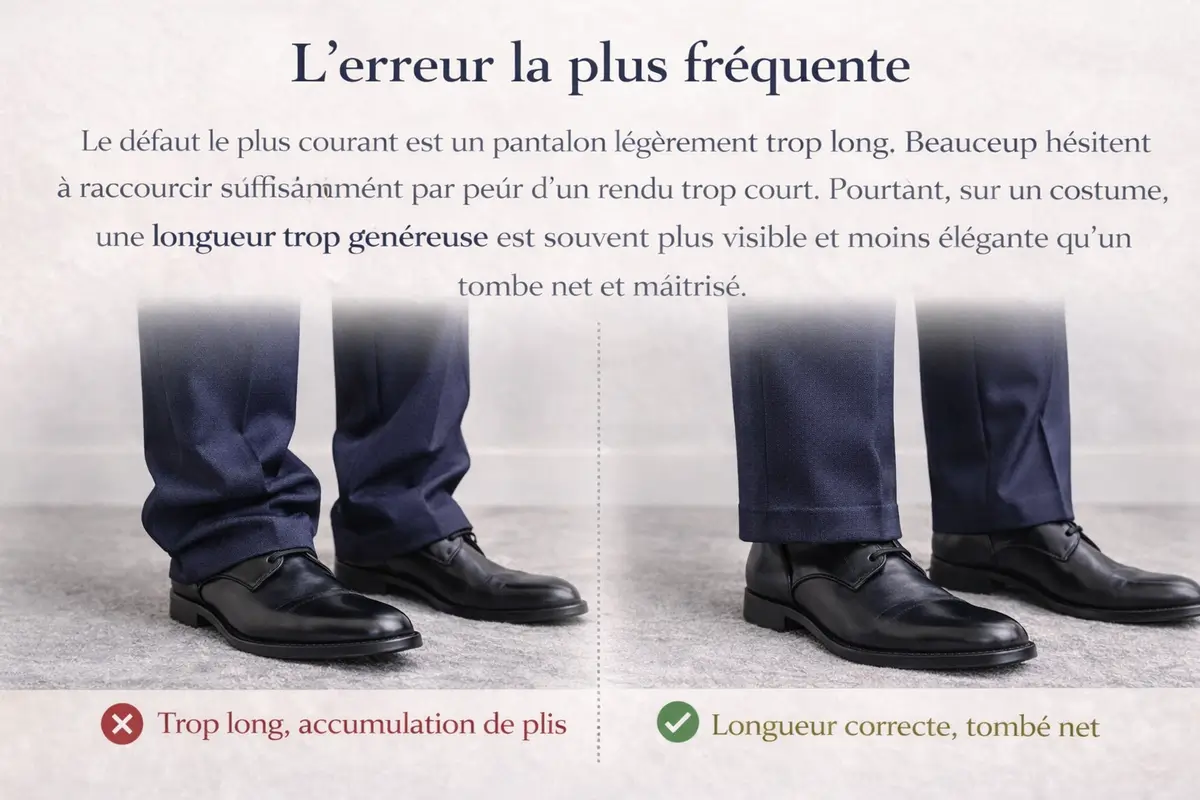 Illustration montrant un pantalon de costume légèrement trop long avec excès de tissu sur la chaussure
