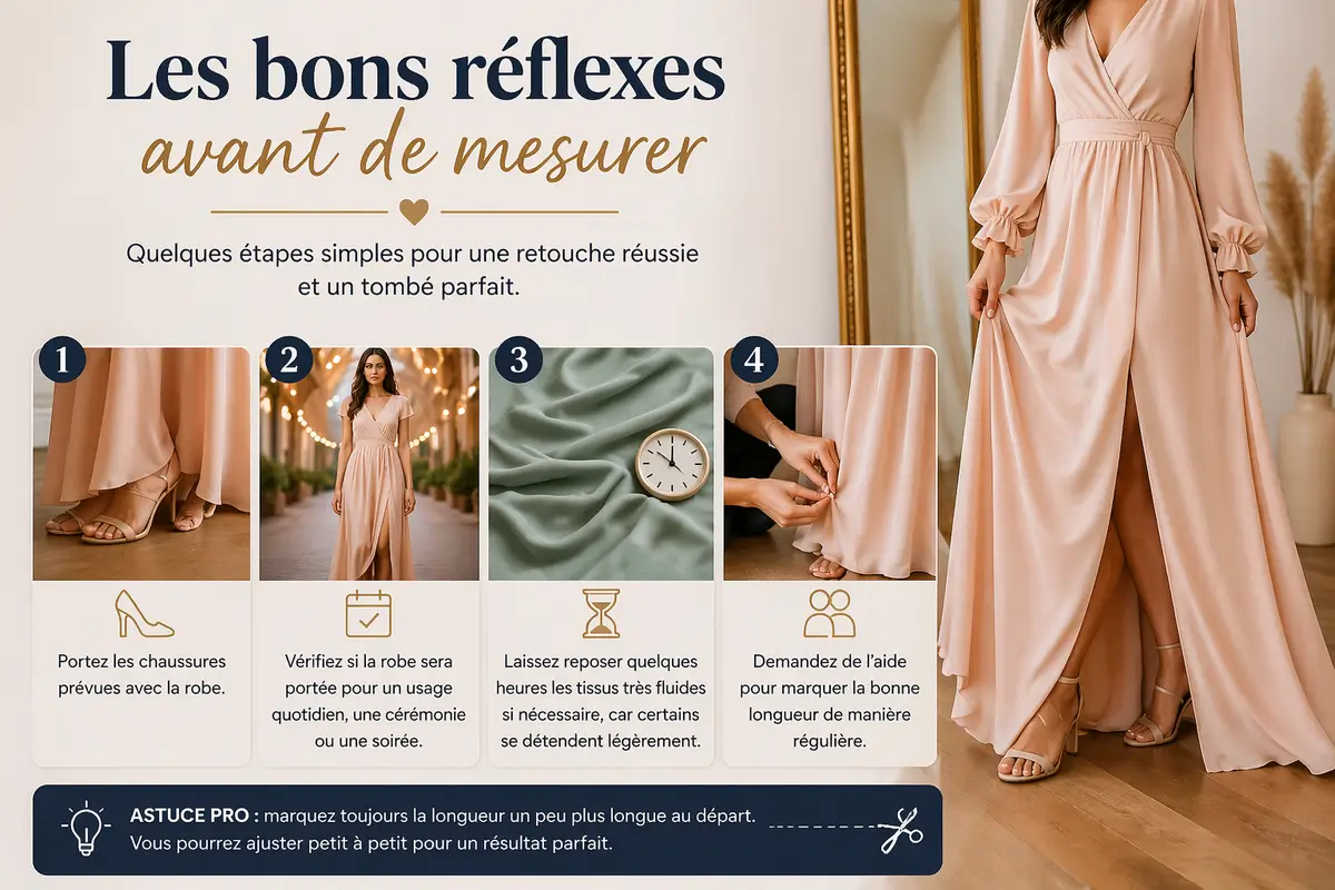 Comment raccourcir une robe longue sans abîmer le tissu : méthode facile et finitions selon la matière 7 Tissu crêpe satin pour robe longue élégante avec ourlet discret