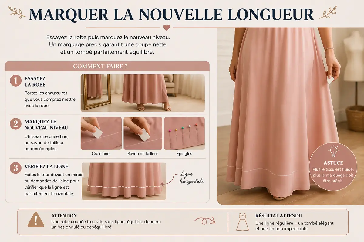 Comment raccourcir une robe longue sans abîmer le tissu : méthode facile et finitions selon la matière 4 Comment marquer la nouvelle longueur d une robe longue avec précision