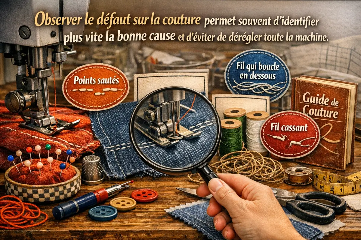 Couture observée de près avec défauts visibles : points sautés, fil qui boucle et irrégularités de couture sur machine à coudre