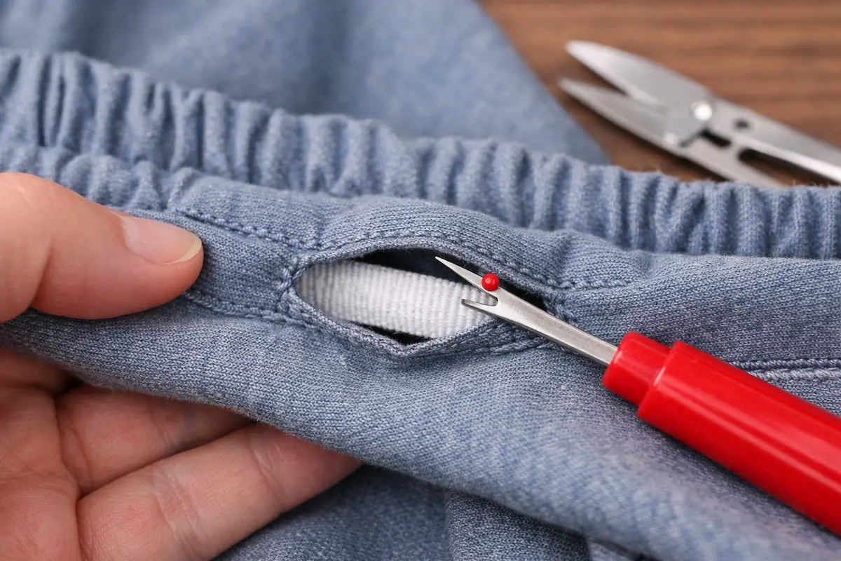 Ouverture de la coulisse pour changer un élastique de taille sans découdre toute la ceinture
