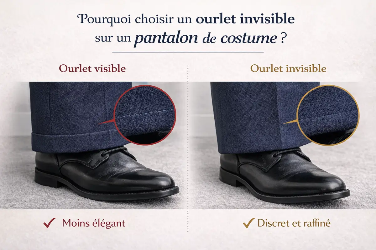 Illustration montrant la longueur idéale d’un pantalon de costume avec léger cassant sur la chaussure