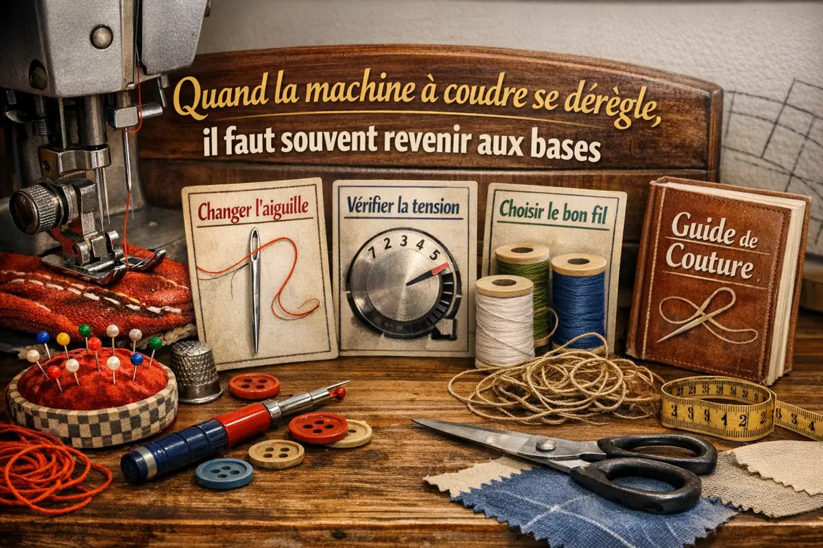 Machine à coudre déréglée avec accessoires de couture, bobines, découseur et épingles pour illustrer les problèmes de fil, tension et aiguille