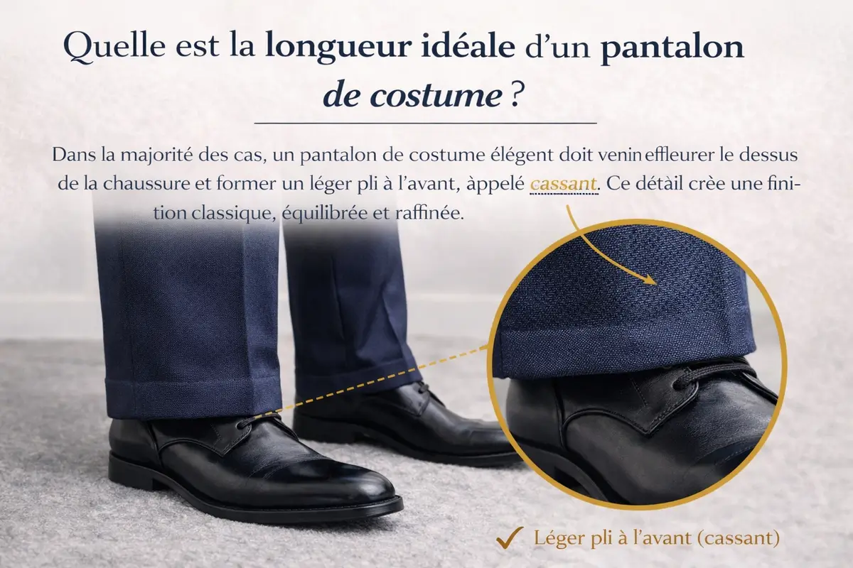 Illustration montrant la longueur idéale d’un pantalon de costume avec léger cassant sur la chaussure