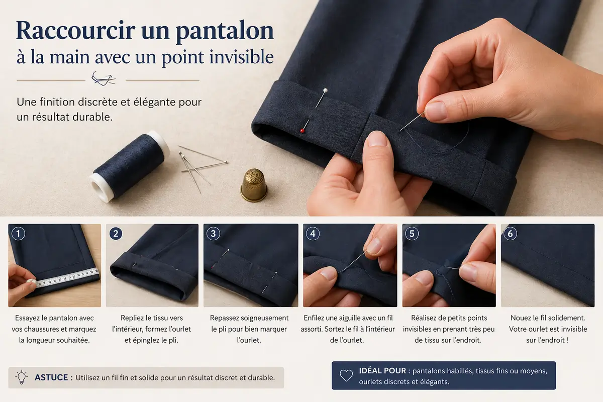 raccourcir un pantalon à la main avec un point invisible pour un ourlet discret