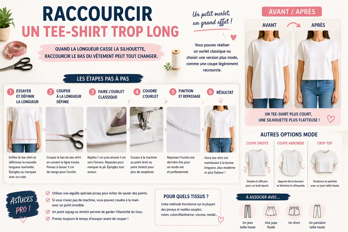 Ajuster un tee-shirt trop grand : astuces faciles pour une coupe flatteuse 4 raccourcir un tee shirt trop long ourlet facile couture avant apres