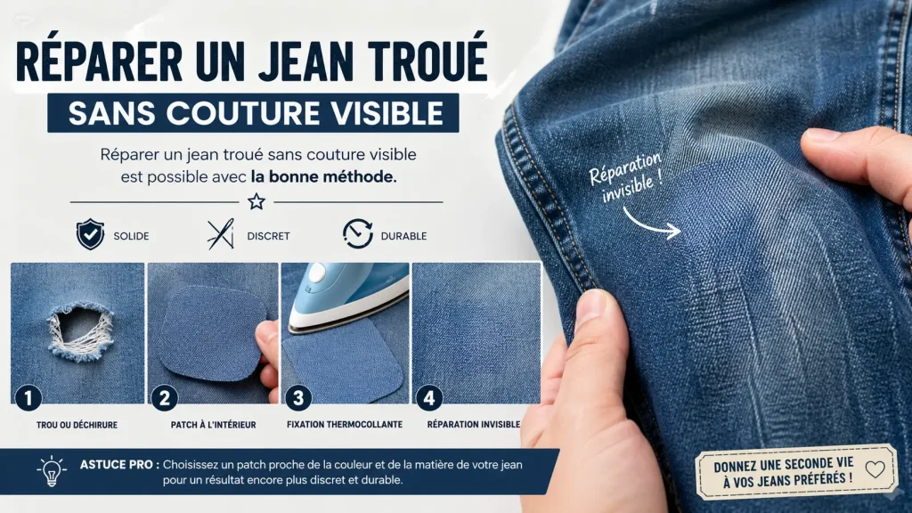 Réparation invisible d’un trou dans un jean avec patch intérieur et méthode sans couture visible
