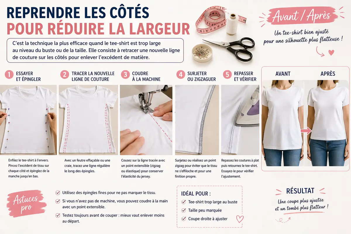 Ajuster un tee-shirt trop grand : astuces faciles pour une coupe flatteuse 3 reprendre les cotes d un tee shirt trop large methode couture avant apres