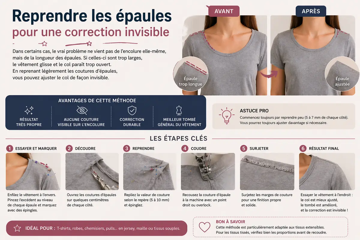 Infographie couture expliquant comment reprendre légèrement les coutures d’épaules pour corriger une encolure trop large de façon invisible et durable
