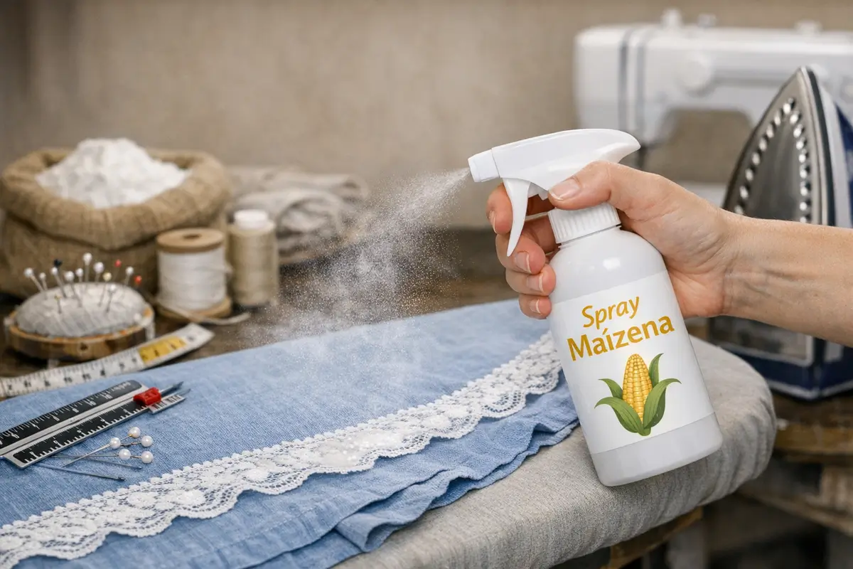 Main vaporisant un spray de Maïzena sur un tissu bleu clair posé sur une planche à repasser, pour un amidonnage localisé avant couture ou repassage.