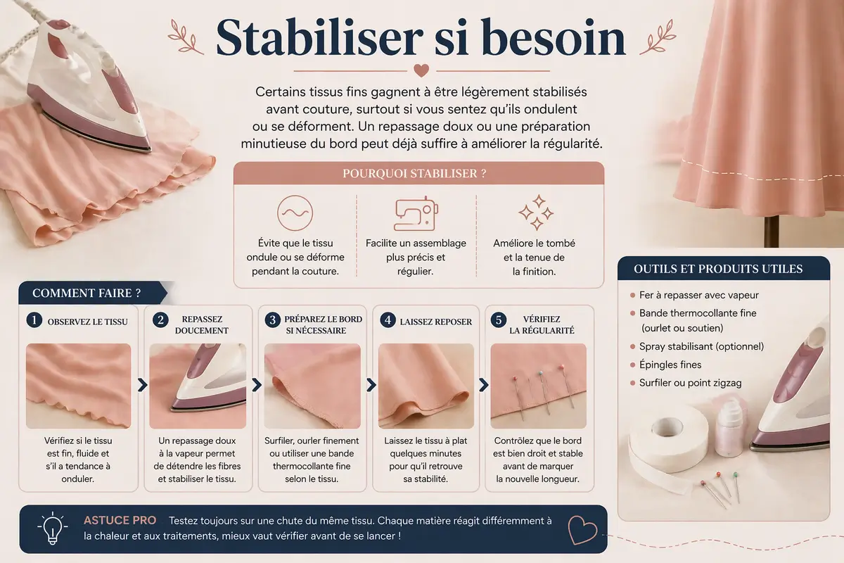 Comment raccourcir une robe longue sans abîmer le tissu : méthode facile et finitions selon la matière 6 Stabiliser un tissu fin avant de raccourcir une robe longue