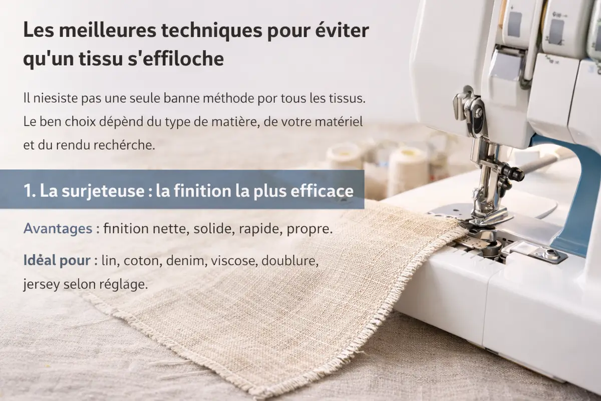 technique anti effilochage avec surjeteuse sur bord de tissu en lin