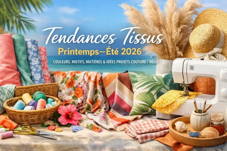 Bannière tendances tissus Printemps–Été 2026 avec rouleaux de tissus colorés, motifs floraux et tropicaux, machine à coudre et accessoires couture/déco