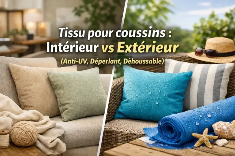 Comparatif tissu pour coussins intérieur vs extérieur : coussins de salon et coussins d’extérieur anti-UV, déperlants et déhoussables.