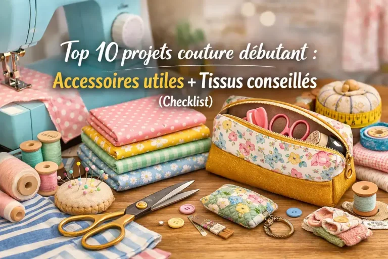 Machine à coudre, tissus colorés et accessoires de couture pour débuter : idées de projets couture débutant et checklist.