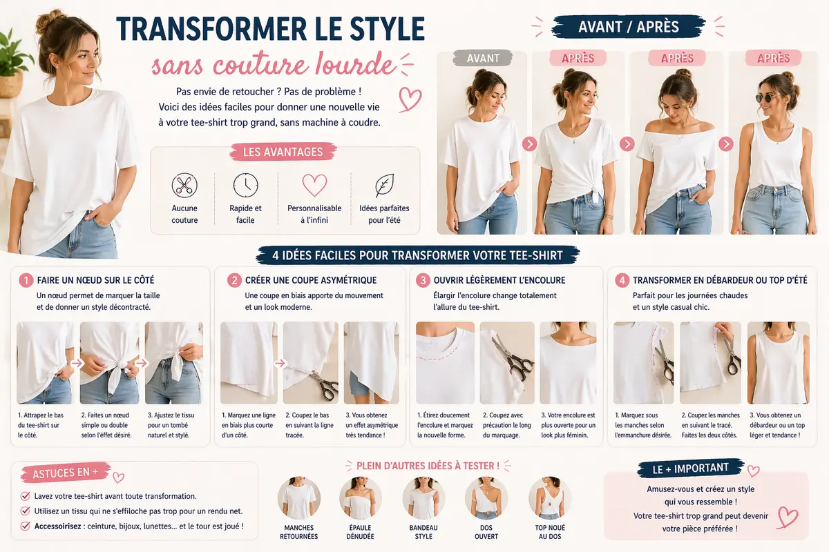 Ajuster un tee-shirt trop grand : astuces faciles pour une coupe flatteuse 6 transformer un tee shirt trop grand sans couture lourde avec noeud coupe asymetrique ou debardeur