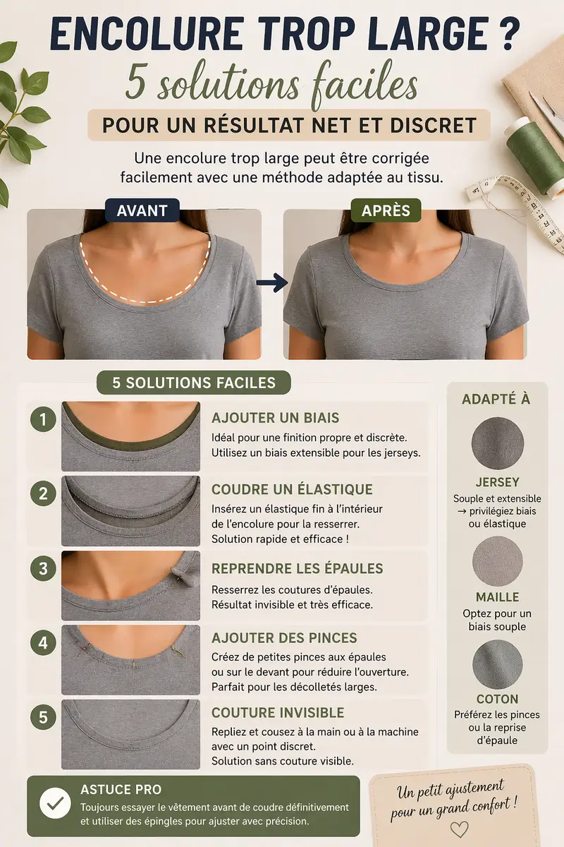 Illustration verticale montrant la correction d’une encolure trop large sur un vêtement en jersey avec une méthode de couture adaptée au tissu