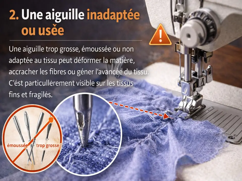 Tissu qui plisse sous la machine à coudre : causes fréquentes et solutions 3 Aiguille inadaptée ou usée sur une machine à coudre déformant un tissu fin et fragile pendant la couture