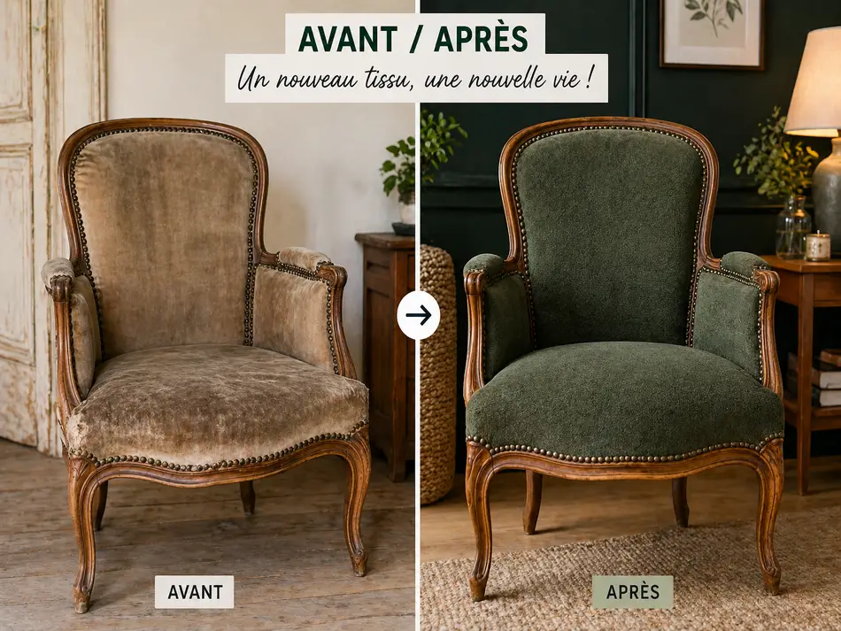 Avant après d’un fauteuil rénové avec un tissu ameublement décoratif