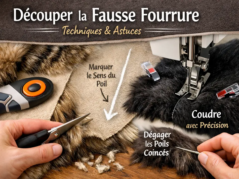 Techniques pour coudre la fausse fourrure : découpe sur l’envers, respect du sens du poil, couture à la machine et dégagement des poils pour des finitions propres