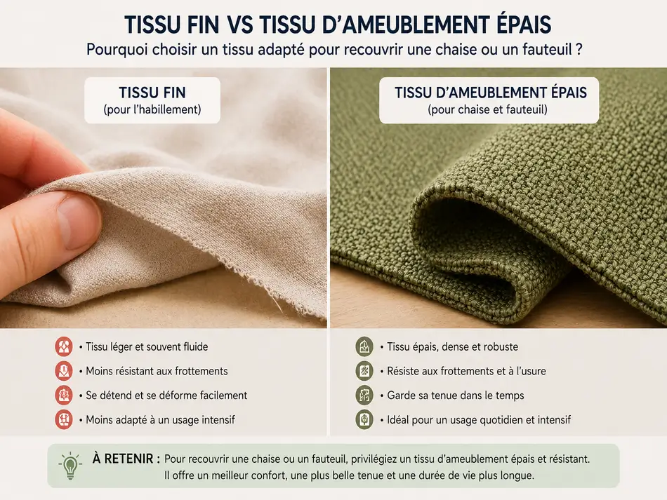 Comparaison entre tissu fin et tissu ameublement épais pour recouvrir une chaise ou un fauteuil