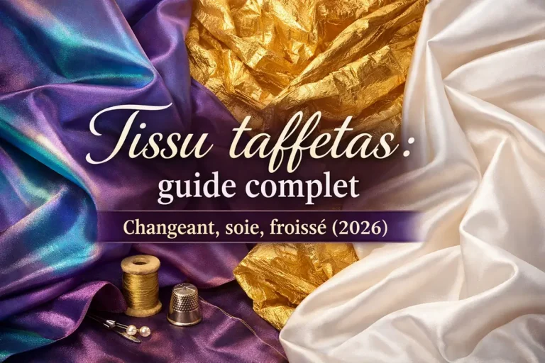 Tissu taffetas changeant, soie et froissé : guide complet 2026 avec visuel de tissus brillants et textures élégantes