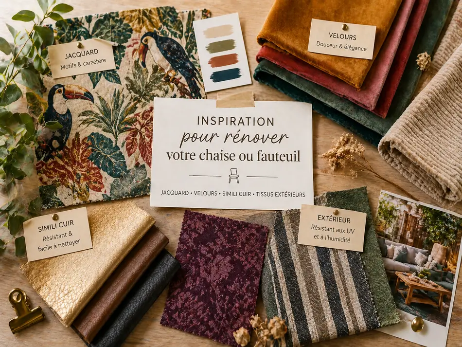 Planche d’inspiration avec tissus jacquard velours et simili cuir pour fauteuil et chaise
