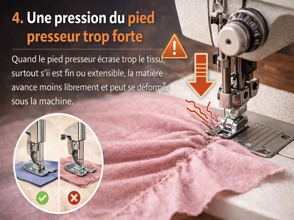 Tissu qui plisse sous la machine à coudre : causes fréquentes et solutions 4 Pression du pied presseur trop forte sur une machine à coudre déformant un tissu fin ou extensible pendant la couture