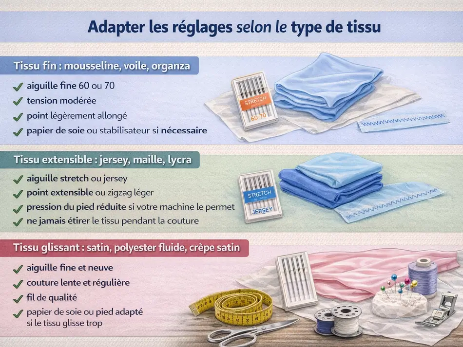 Tissu qui plisse sous la machine à coudre : causes fréquentes et solutions 6 Réglages de machine à coudre adaptés selon le type de tissu fin, extensible ou glissant pour éviter les fronces et plis