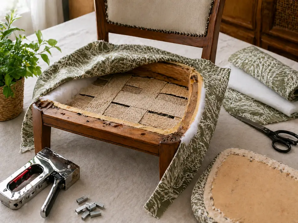 Assise de chaise démontée prête à être recouverte avec un tissu ameublement résistant