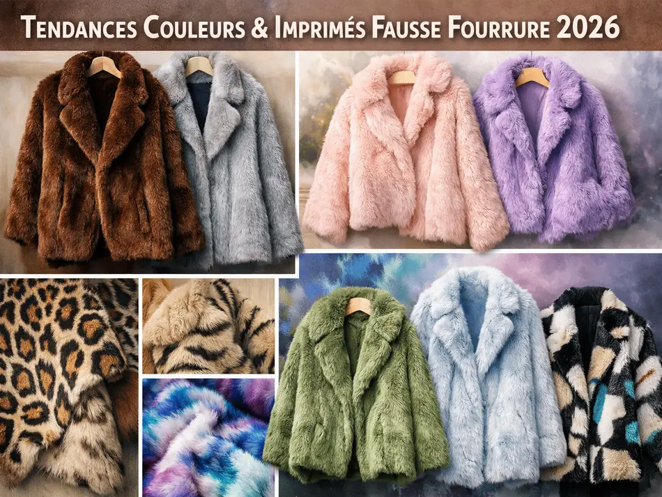 Tendances 2026 de la fausse fourrure avec manteaux en brun chocolat, gris, rose poudré, lilas et imprimés léopard et tigre