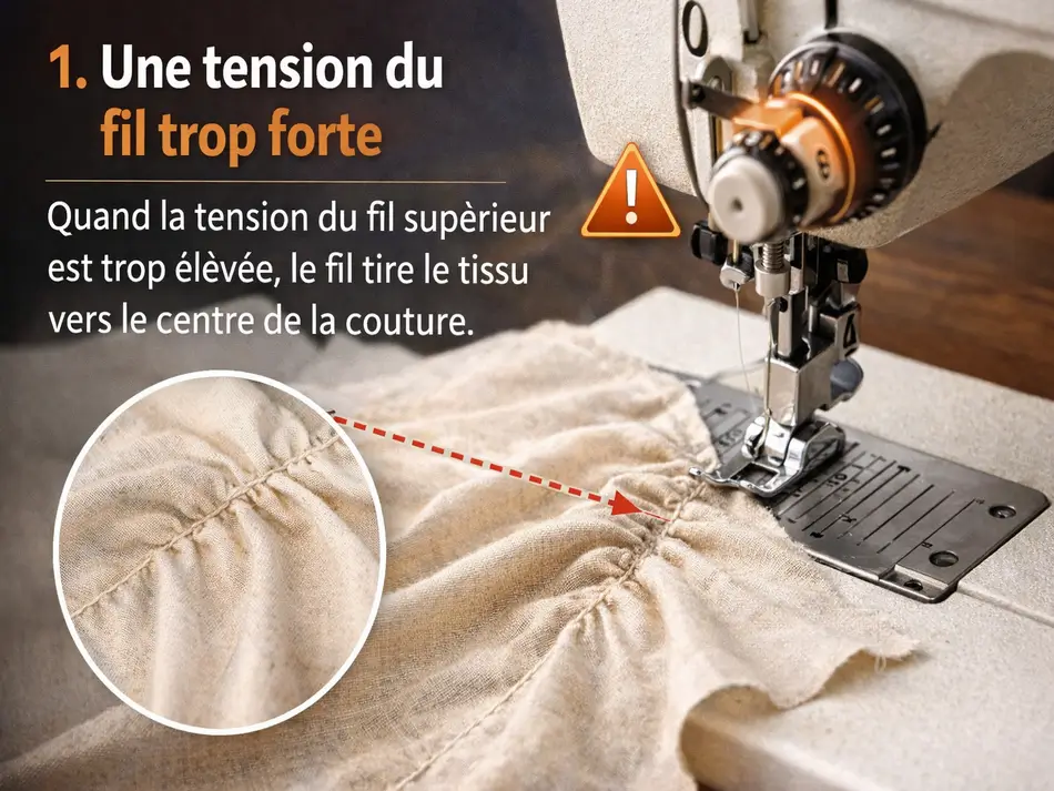 Tissu qui plisse sous la machine à coudre : causes fréquentes et solutions 2 Tension du fil supérieur trop forte sur une machine à coudre provoquant des fronces sur un tissu léger