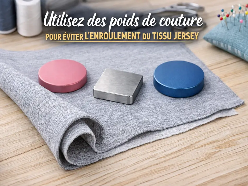 Tissu jersey qui s’enroule maintenu avec des poids de couture pour faciliter la coupe et éviter l’enroulement