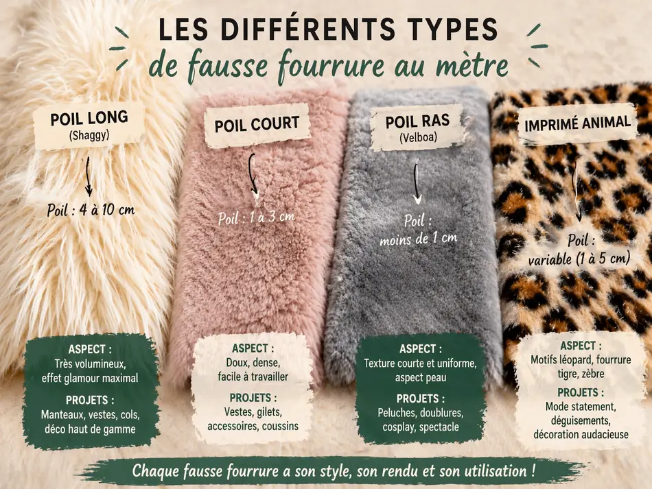 comparatif des types de fausse fourrure au mètre poil long shaggy poil court velboa imprimé animal couture tissu
