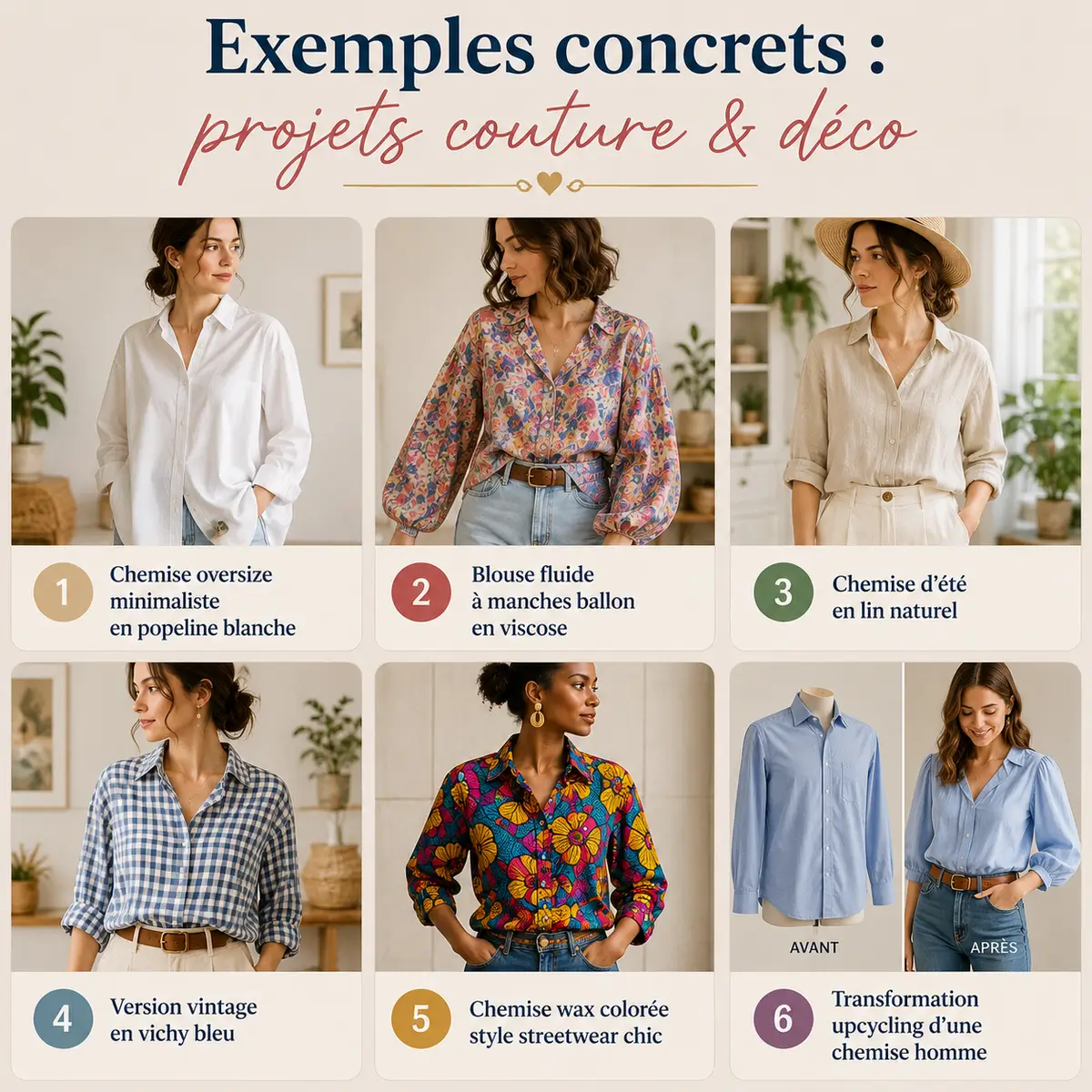 Infographie couture carrée présentant six projets de chemise femme : popeline blanche, viscose fluide, lin naturel, vichy bleu, wax coloré et upcycling