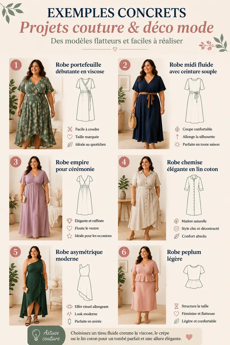 Infographie verticale présentant six projets couture de robes grande taille : portefeuille, midi fluide, empire, chemise, asymétrique et peplum