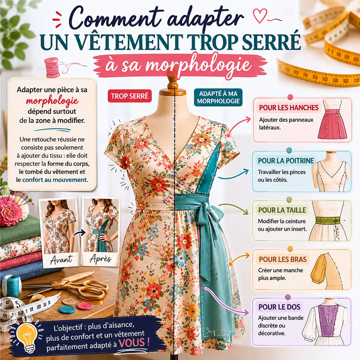 retouches couture pour adapter un vêtement trop serré aux hanches, à la poitrine, à la taille, aux bras et au dos