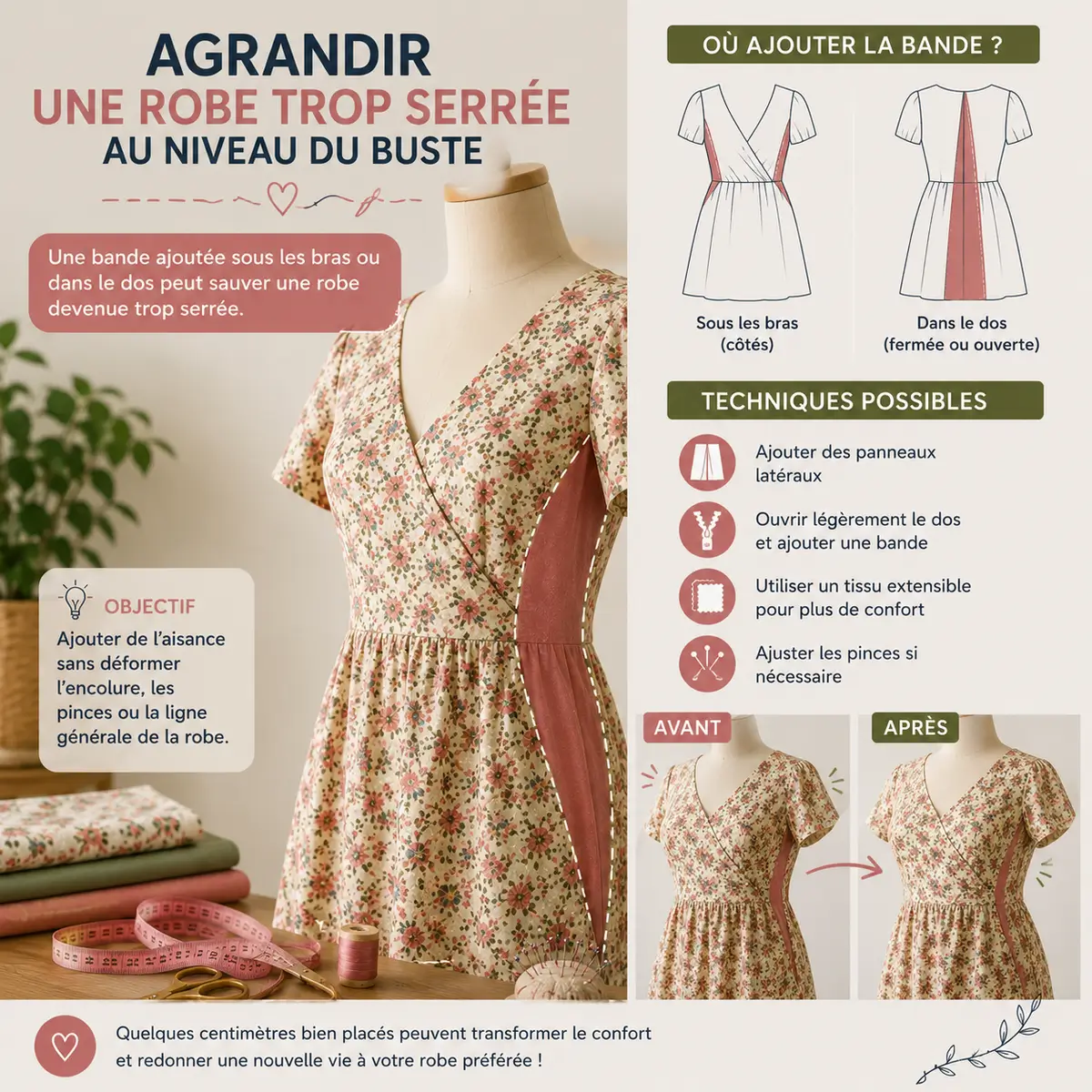 agrandir une robe trop serrée au niveau du buste avec une bande couture discrète