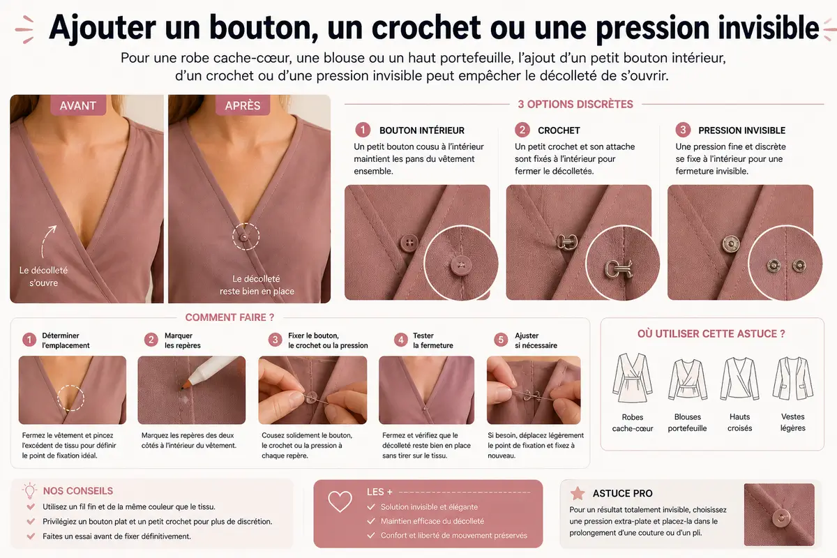 Tutoriel couture montrant comment poser un bouton intérieur, un crochet ou une pression invisible pour empêcher un décolleté cache-cœur de s’ouvrir
