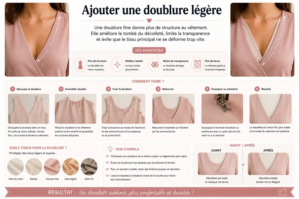 Tutoriel couture montrant comment ajouter une doublure légère pour améliorer le tombé d’un décolleté et éviter qu’il se déforme