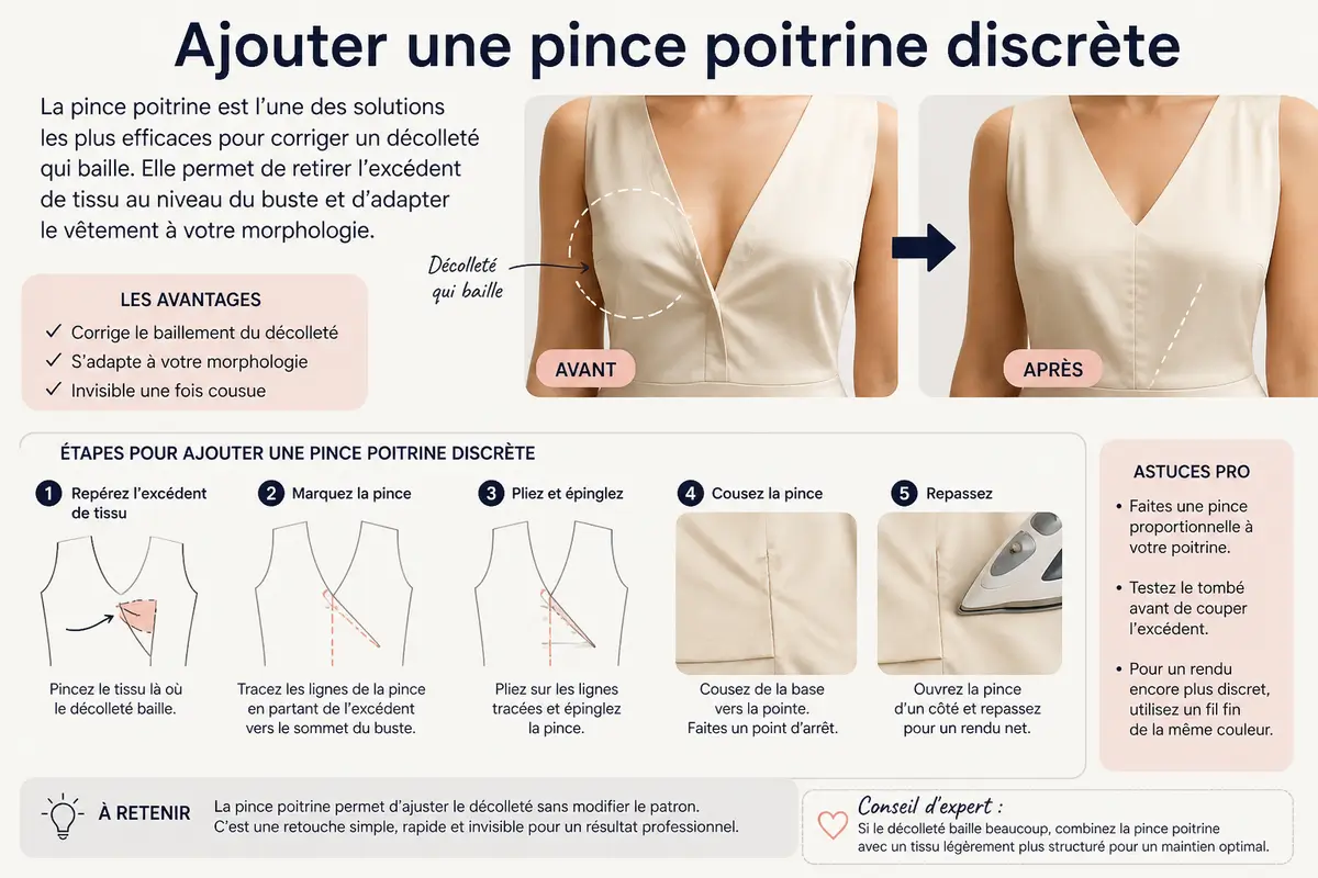 Empêcher un décolleté de bailler : 9 solutions invisibles et faciles à adopter 3 Tutoriel couture montrant comment ajouter une pince poitrine discrète pour empêcher un décolleté de bailler